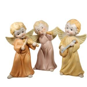 Vintage Homco Angel Music Figurines Set of 3 Flute Banjo Violin #5400